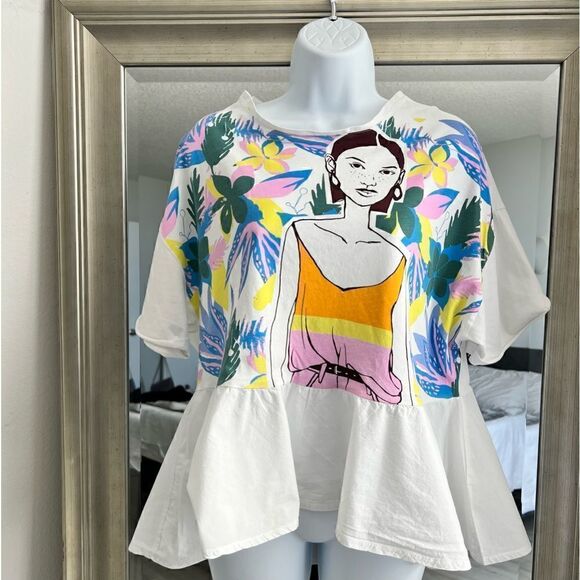 COPY - ZARA T-Shirt Blouse, White with Painting Print Size XS - Picture 1 of 6